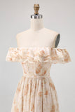 Off The Shoulder Pink Floral A Line Long Bridesmaid Dress with Slit