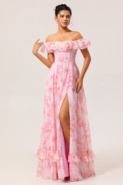 Off The Shoulder Pink Floral A Line Long Bridesmaid Dress with Slit