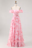 Off The Shoulder Pink Floral A Line Long Bridesmaid Dress with Slit