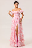 Off The Shoulder Pink Floral A Line Long Bridesmaid Dress with Slit