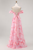 Off The Shoulder Pink Floral A Line Long Bridesmaid Dress with Slit