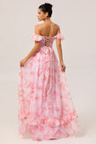 Off The Shoulder Pink Floral A Line Long Bridesmaid Dress with Slit