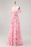 Champagne Flower Off The Shoulder Corset A-Line Bridesmaid Dress With Slit