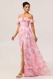 Off The Shoulder Pink Floral A Line Long Bridesmaid Dress with Slit