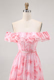 Off The Shoulder Pink Floral A Line Long Bridesmaid Dress with Slit