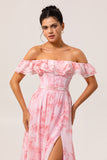 Off The Shoulder Pink Floral A Line Long Bridesmaid Dress with Slit