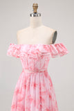 Off The Shoulder Pink Floral A Line Long Bridesmaid Dress with Slit