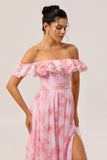 Off The Shoulder Pink Floral A Line Long Bridesmaid Dress with Slit