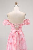 Off The Shoulder Pink Floral A Line Long Bridesmaid Dress with Slit