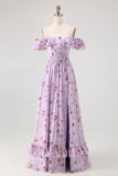 Off The Shoulder Pink Floral A Line Long Bridesmaid Dress with Slit