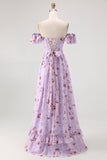Off The Shoulder Pink Floral A Line Long Bridesmaid Dress with Slit