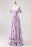 Off The Shoulder Pink Floral A Line Long Bridesmaid Dress with Slit