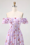 Off The Shoulder Pink Floral A Line Long Bridesmaid Dress with Slit