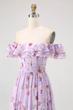 Off The Shoulder Pink Floral A Line Long Bridesmaid Dress with Slit