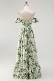 Green Floral A Line Off The Shoulder Ruffled Bridesmaid Dress