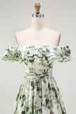Green Floral A Line Off The Shoulder Ruffled Bridesmaid Dress