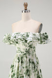 Green Floral A Line Off The Shoulder Ruffled Bridesmaid Dress