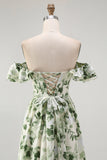 Green Floral A Line Off The Shoulder Ruffled Bridesmaid Dress