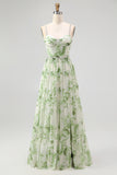 Green Flower A Line Pearl Long Bridesmaid Dress with Lace-up Back