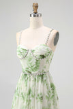 Green Flower A Line Pearl Long Bridesmaid Dress with Lace-up Back