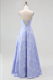 Blue A Line Cowl Neck Floral Jacquard Long Bridesmaid Dress with Slit