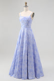 Blue A Line Cowl Neck Floral Jacquard Long Bridesmaid Dress with Slit