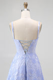 Blue A Line Cowl Neck Floral Jacquard Long Bridesmaid Dress with Slit