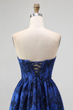 Dark Blue A Line Strapless Floral Jacquard Corset Maxi Dress