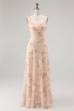 Champagne A Line Cowl Neck Floral Burnout Long Bridesmaid Dress