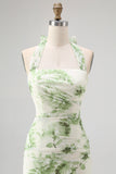Green Flower A-Line Halter Pleated Long Bridesmaid Dress