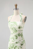 Green Flower A-Line Halter Pleated Long Bridesmaid Dress