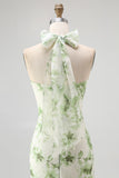 Green Flower A-Line Halter Pleated Long Bridesmaid Dress