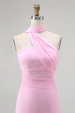 Sheath One Shoulder Blush Long Bridesmaid Dress with Streamer