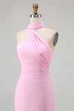 Sheath One Shoulder Blush Long Bridesmaid Dress with Streamer