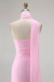 Sheath One Shoulder Blush Long Bridesmaid Dress with Streamer