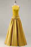 Bronze A Line Halter Ruched Long Satin Prom Dress with Back Zipper