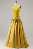 Bronze A Line Halter Ruched Long Satin Prom Dress with Back Zipper