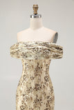 Champagne Flower Sheath Off The Shoulder Wedding Guest Dress