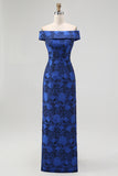 Off the Shoulder Dark Blue Sheath Floral Bridesmaid Dress with Slit