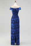 Off the Shoulder Dark Blue Sheath Floral Bridesmaid Dress with Slit
