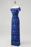Off the Shoulder Dark Blue Sheath Floral Bridesmaid Dress with Slit