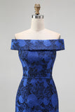 Off the Shoulder Dark Blue Sheath Floral Bridesmaid Dress with Slit