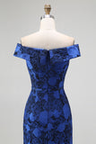 Off the Shoulder Dark Blue Sheath Floral Bridesmaid Dress with Slit