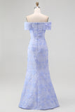 Floral Blue Mermaid Off the Shoulder Long Bridesmaid Dress