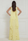 Yellow Ruffled Strapless Long Bridesmaid Dress with Streamer