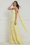 Yellow Ruffled Strapless Long Bridesmaid Dress with Streamer