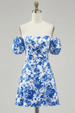 Off The Shoulder Floral A Line Blue Printed Homecoming Dress