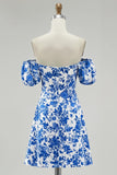 Off The Shoulder Floral A Line Blue Printed Homecoming Dress