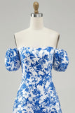 Off The Shoulder Floral A Line Blue Printed Homecoming Dress