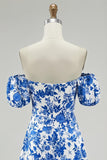 Off The Shoulder Floral A Line Blue Printed Homecoming Dress